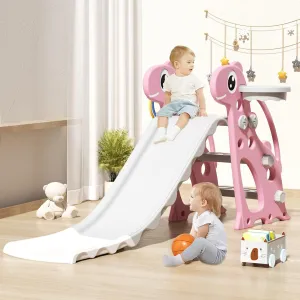 KORIMEFA Toddler Slide, Kids Indoor Outdoor Playset with Basketball Hoop & Ring Toss, Baby Plastic Climber for Kids Age 1-3 (Pink)