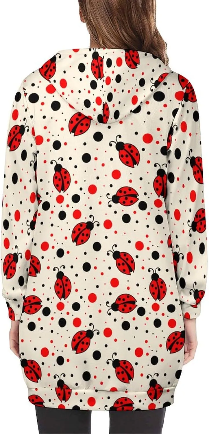 Ladybug Long Sleeve Hoodie Women Zip Up Hoodies Knee Length Tunic Sweatshirt Jackets Casual Loose Hoode Coat
