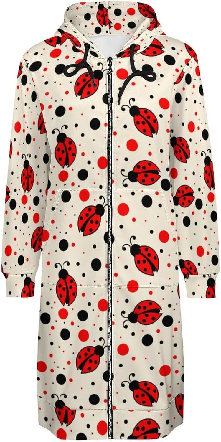 Ladybug Long Sleeve Hoodie Women Zip Up Hoodies Knee Length Tunic Sweatshirt Jackets Casual Loose Hoode Coat