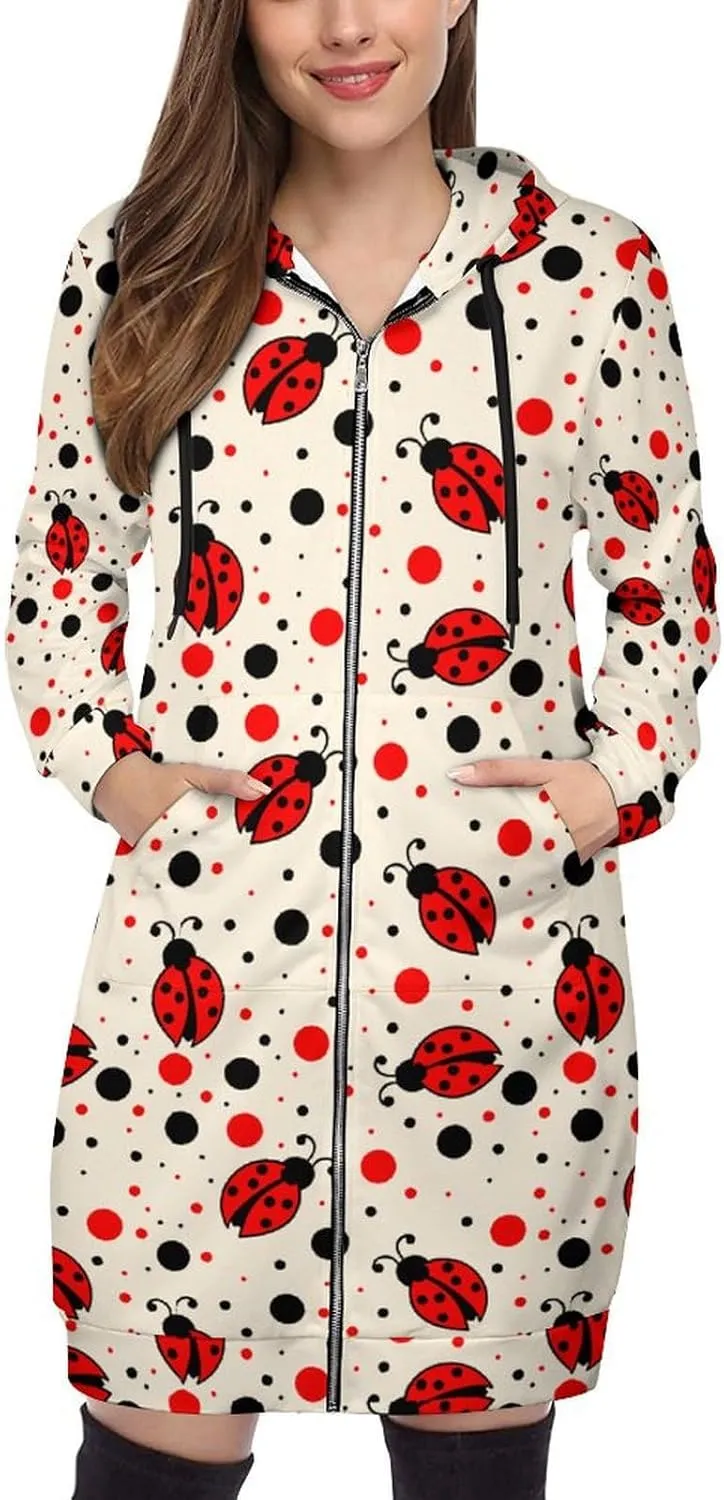 Ladybug Long Sleeve Hoodie Women Zip Up Hoodies Knee Length Tunic Sweatshirt Jackets Casual Loose Hoode Coat