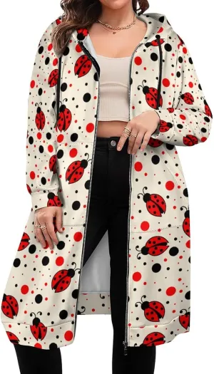 Ladybug Long Sleeve Hoodie Women Zip Up Hoodies Knee Length Tunic Sweatshirt Jackets Casual Loose Hoode Coat