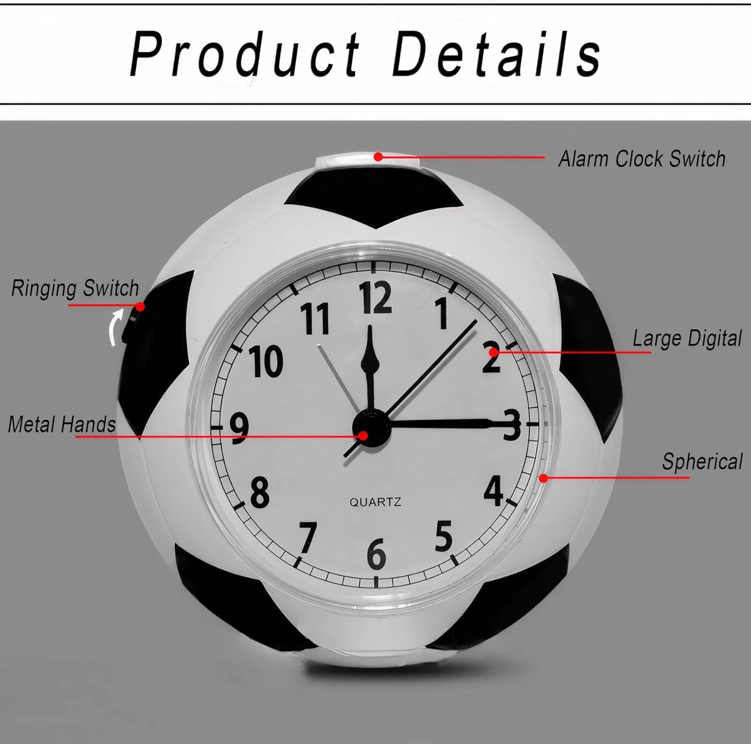 Lancoon Analog Clock Non Ticking Quiet Soccer Shaped Alarm Clock Dual Ringtone Battery Operated Easy Adjust Football Bedroom Decor Sports Themed for Kids' Room Bedside Shelf Living Room Orange