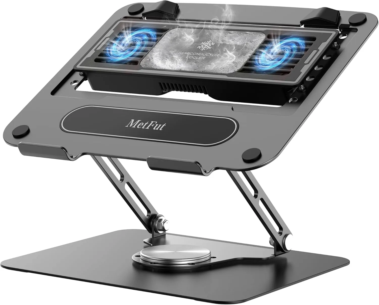 Laptop Cooling Stand with Detachable Thermoelectric Cooler, Adjustable Height & Angle, 360 Rotation Base, Carbon Steel Framework, Ultra-Quiet & Super Sturdy for up to 16” Laptop (Black)