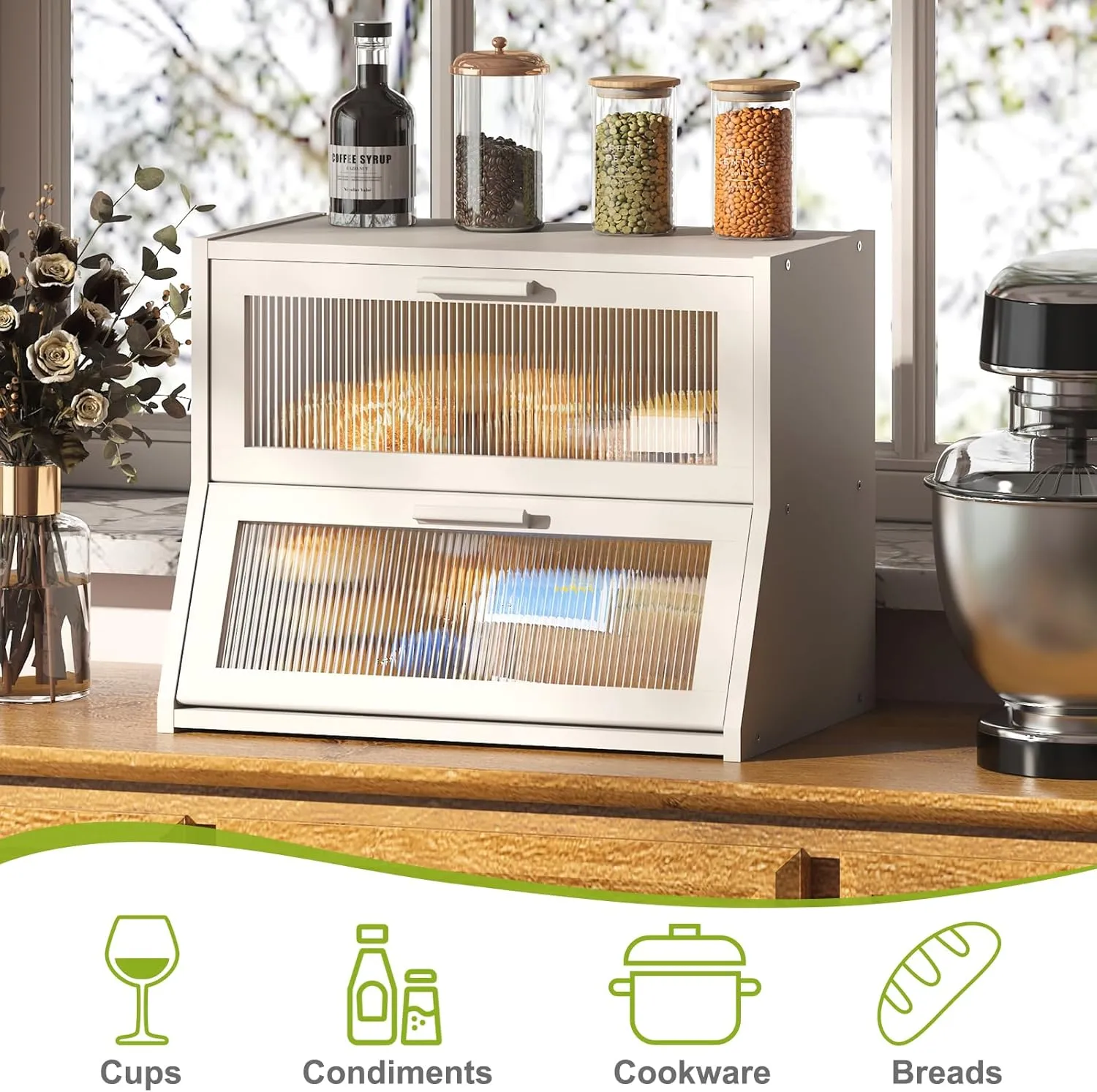Large Bread Box Double Layer Bamboo Bread Box for Kitchen Counter Container Farmhouse Bread Holder Capacity Bread Storage Bin(White)
