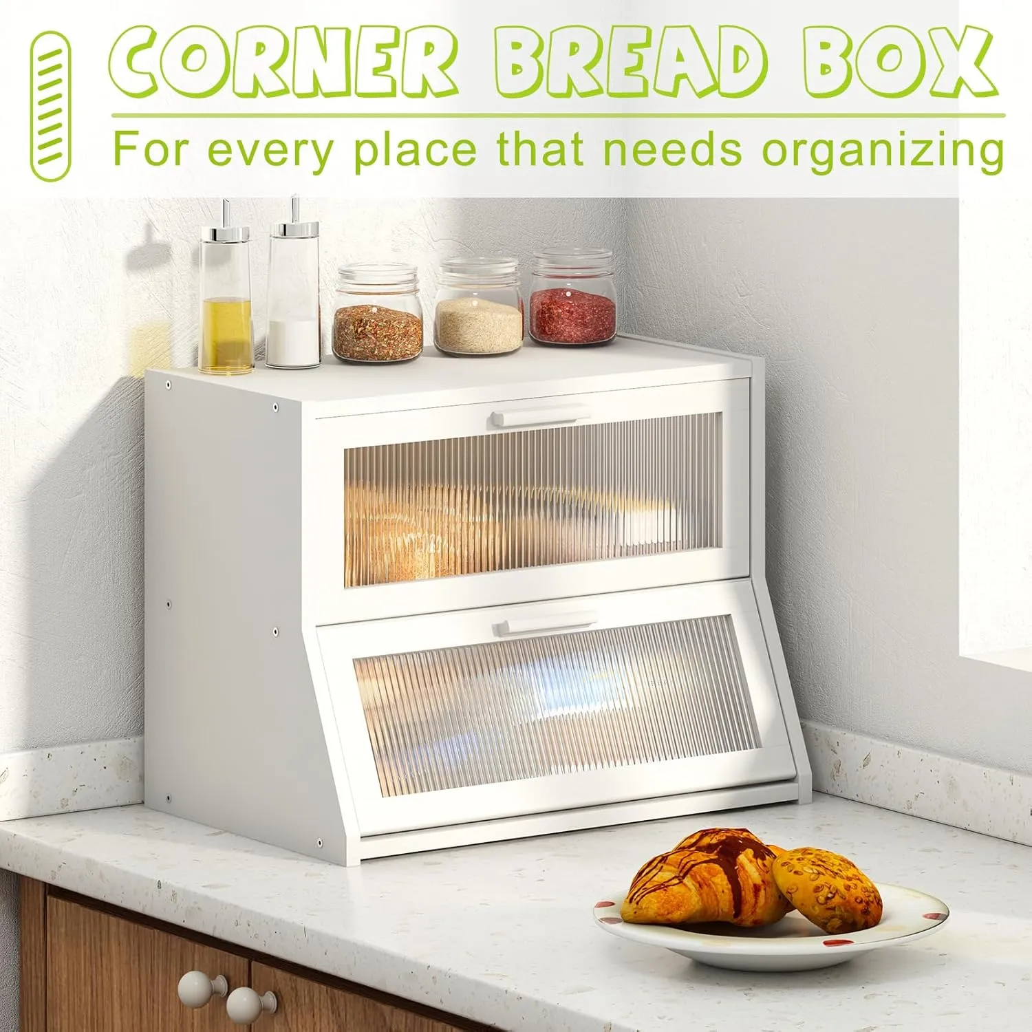 Large Bread Box Double Layer Bamboo Bread Box for Kitchen Counter Container Farmhouse Bread Holder Capacity Bread Storage Bin(White)