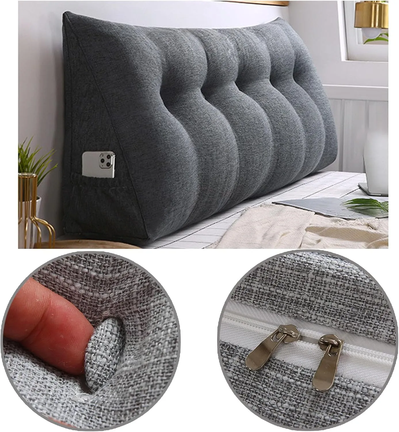 Large Triangular Wedge Headboard Pillow with Pocket, Linen Headboard Pillow Reading Pillows for Sitting in Bed, Bolster Triangular Headboard Cushion Soft And Fluffy Daybed Pillows,A-Twin