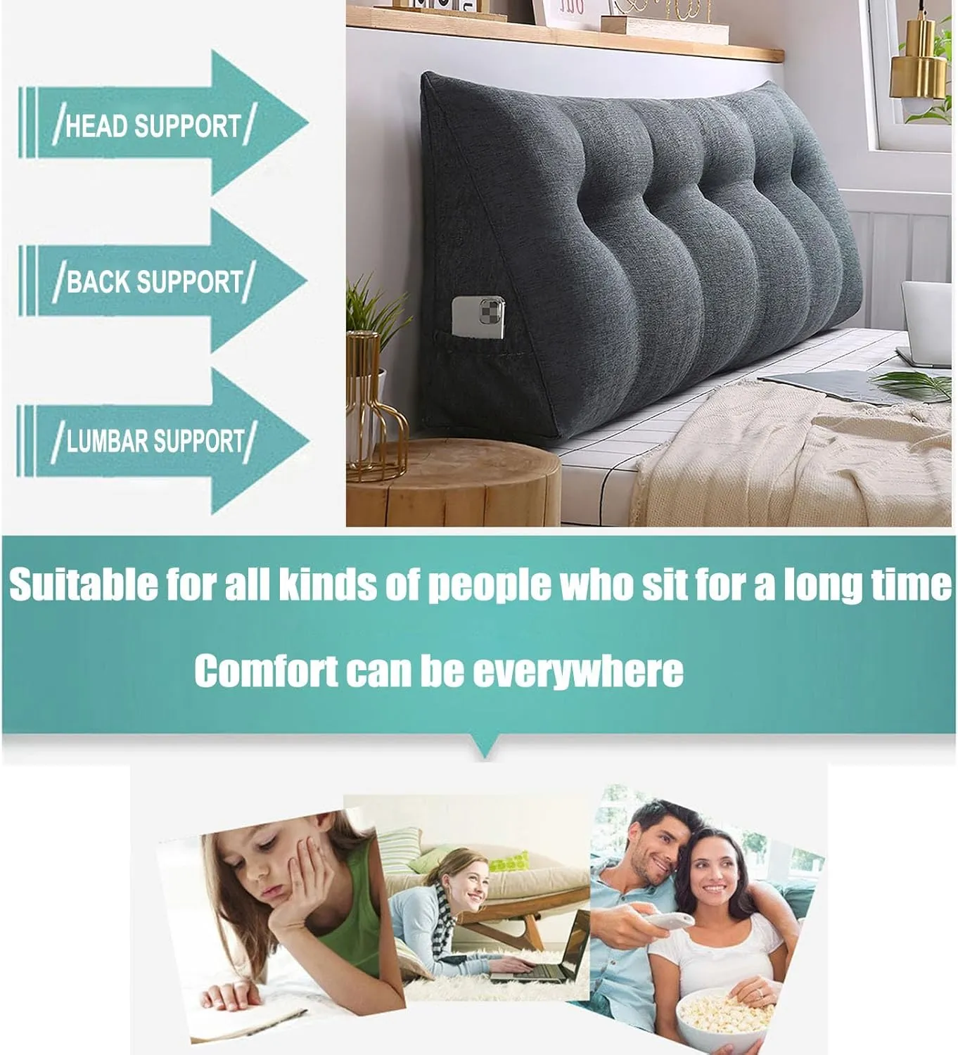Large Triangular Wedge Headboard Pillow with Pocket, Linen Headboard Pillow Reading Pillows for Sitting in Bed, Bolster Triangular Headboard Cushion Soft And Fluffy Daybed Pillows,A-Twin