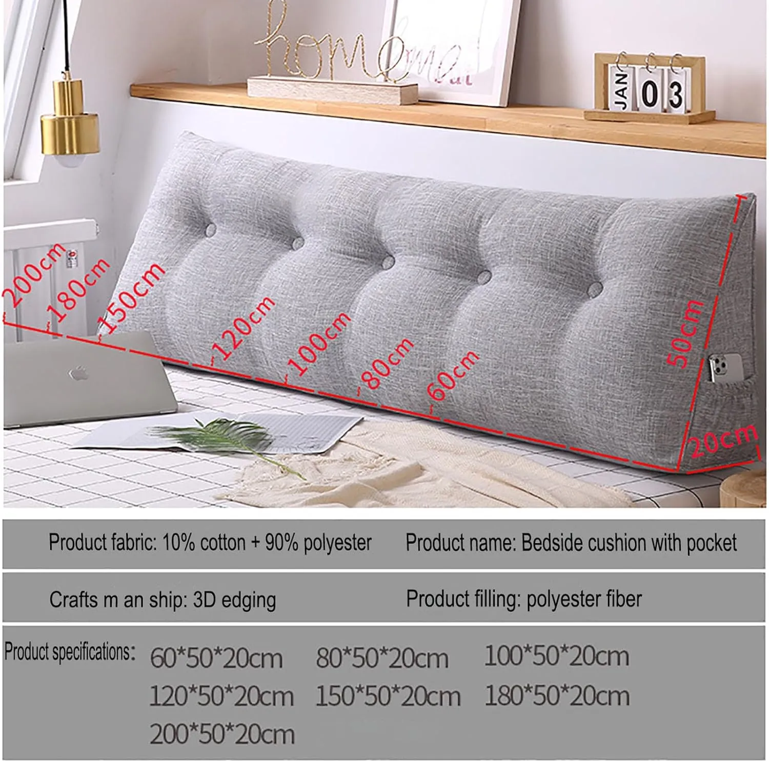 Large Triangular Wedge Headboard Pillow with Pocket, Linen Headboard Pillow Reading Pillows for Sitting in Bed, Bolster Triangular Headboard Cushion Soft And Fluffy Daybed Pillows,D-Twin