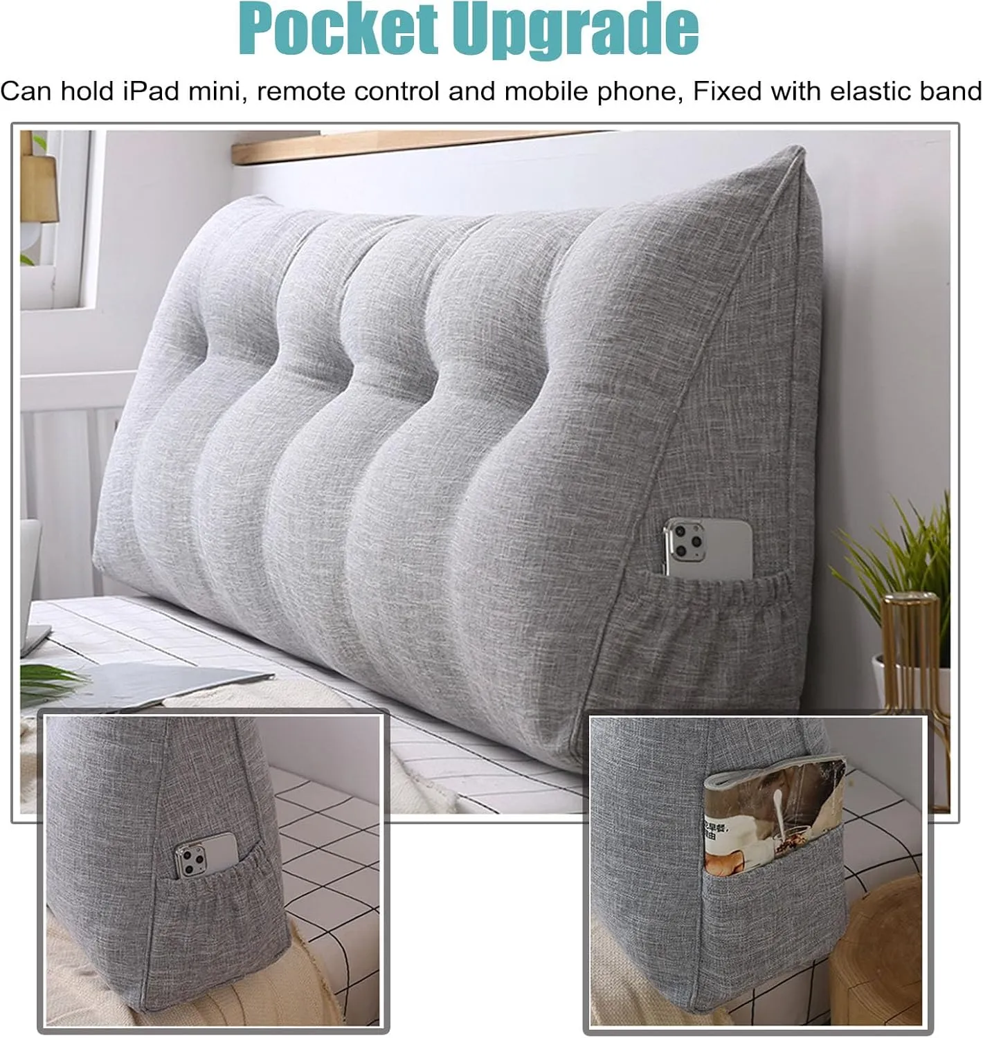 Large Triangular Wedge Headboard Pillow with Pocket, Linen Headboard Pillow Reading Pillows for Sitting in Bed, Bolster Triangular Headboard Cushion Soft And Fluffy Daybed Pillows,D-Twin