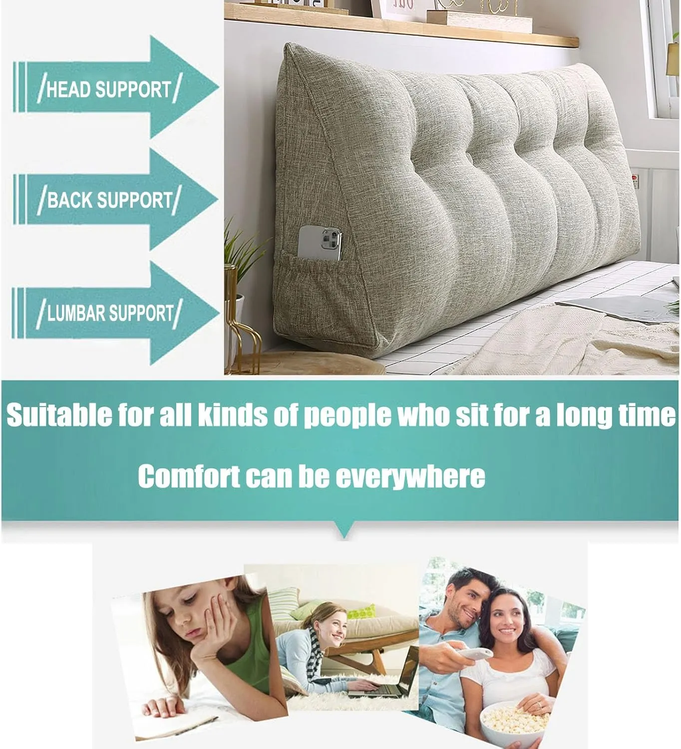 Large Triangular Wedge Headboard Pillow with Pocket, Linen Headboard Pillow Reading Pillows for Sitting in Bed, Bolster Triangular Headboard Cushion Soft And Fluffy Daybed Pillows,D-Twin