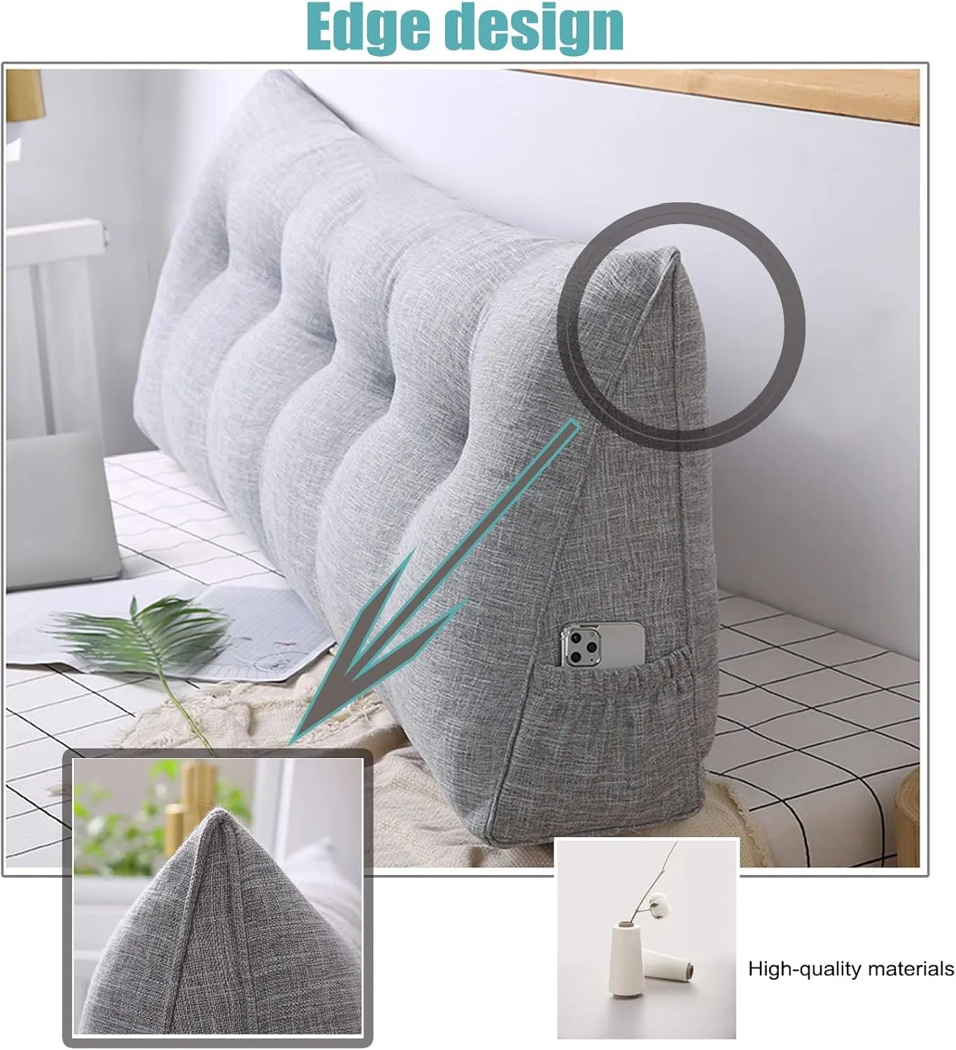Large Triangular Wedge Headboard Pillow with Pocket, Linen Headboard Pillow Reading Pillows for Sitting in Bed, Bolster Triangular Headboard Cushion Soft And Fluffy Daybed Pillows,D-Twin