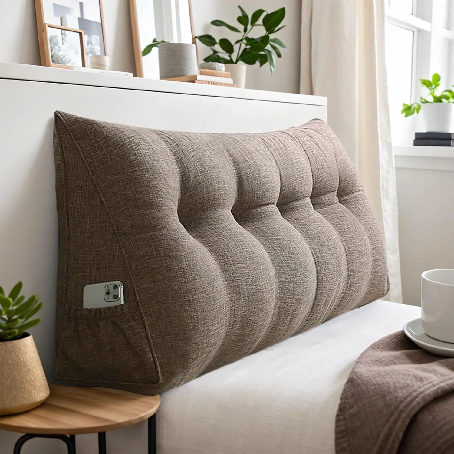 Large Triangular Wedge Headboard Pillow with Pocket, Linen Headboard Pillow Reading Pillows for Sitting in Bed, Bolster Triangular Headboard Cushion Soft And Fluffy Daybed Pillows,E-Twin