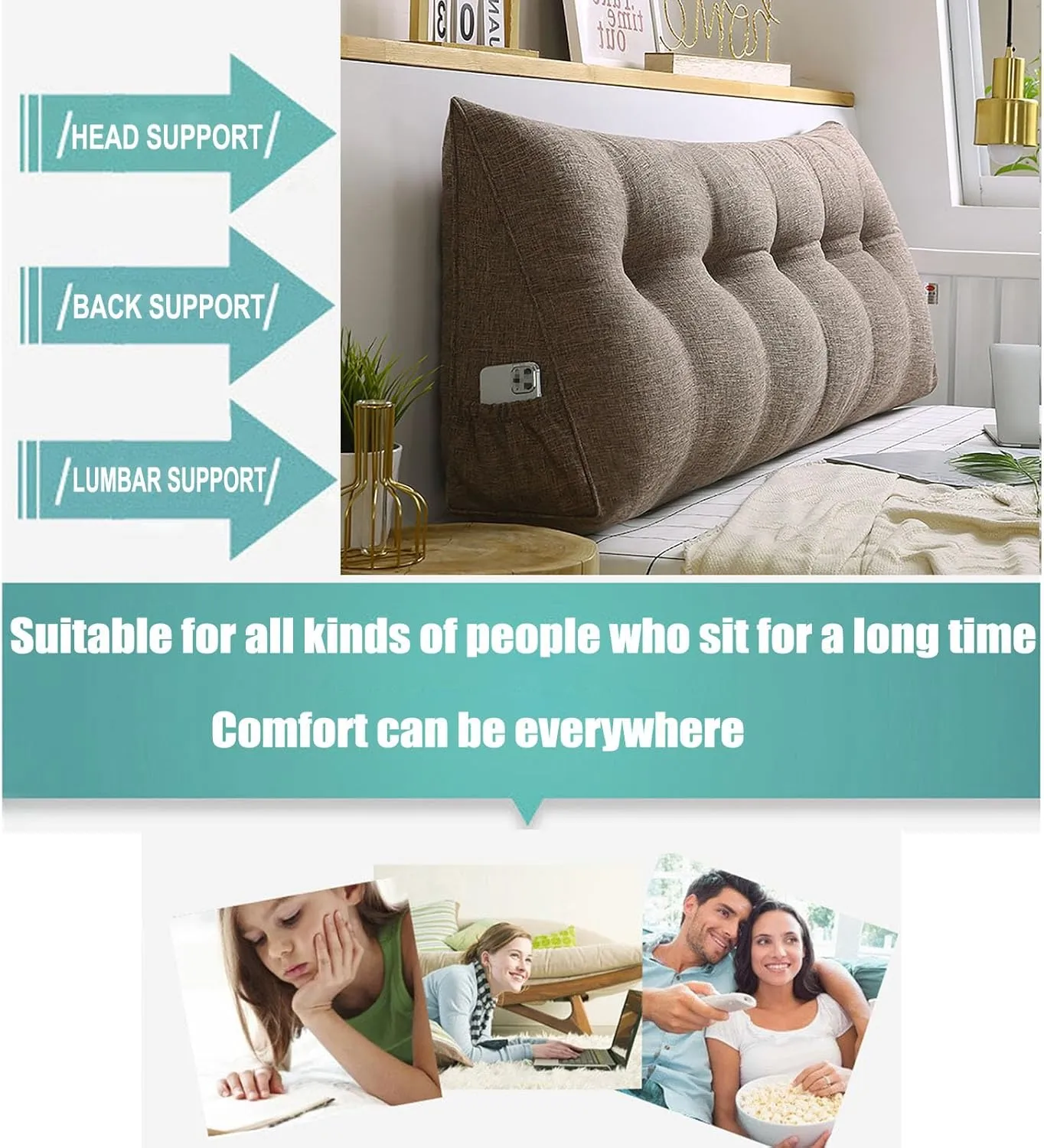 Large Triangular Wedge Headboard Pillow with Pocket, Linen Headboard Pillow Reading Pillows for Sitting in Bed, Bolster Triangular Headboard Cushion Soft And Fluffy Daybed Pillows,E-Twin