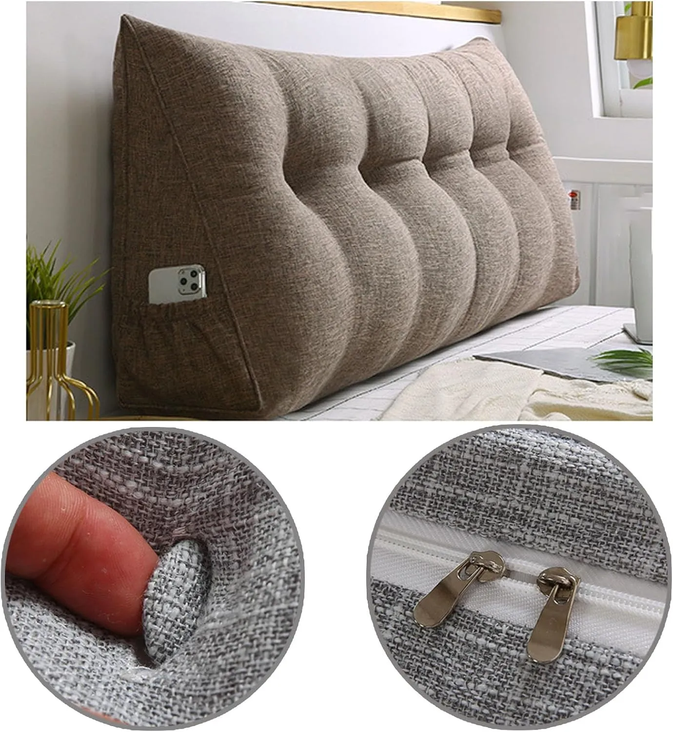 Large Triangular Wedge Headboard Pillow with Pocket, Linen Headboard Pillow Reading Pillows for Sitting in Bed, Bolster Triangular Headboard Cushion Soft And Fluffy Daybed Pillows,E-Twin