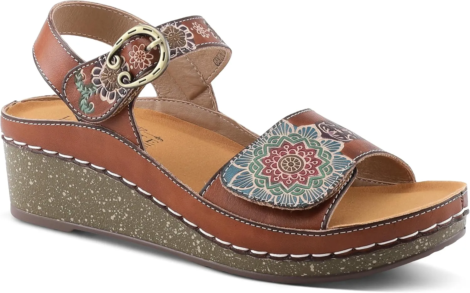 L'Artiste Women's ROSHNI Slingback Sandals – Hand-Painted Leather Floral Wedge with Adjustable Comfort Straps