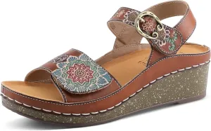 L'Artiste Women's ROSHNI Slingback Sandals – Hand-Painted Leather Floral Wedge with Adjustable Comfort Straps