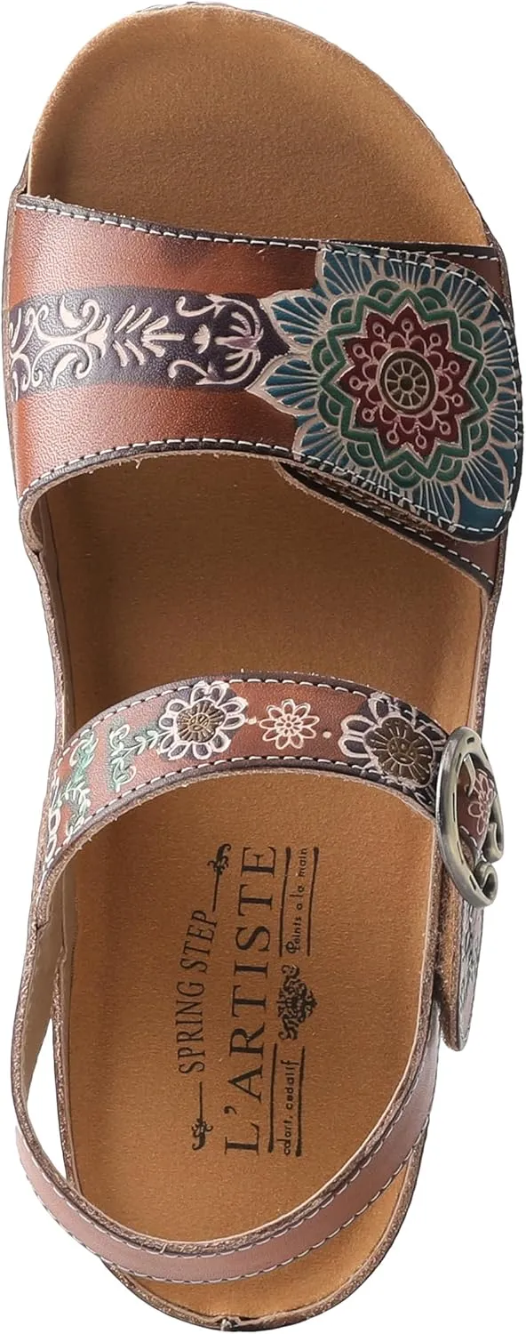 L'Artiste Women's ROSHNI Slingback Sandals – Hand-Painted Leather Floral Wedge with Adjustable Comfort Straps