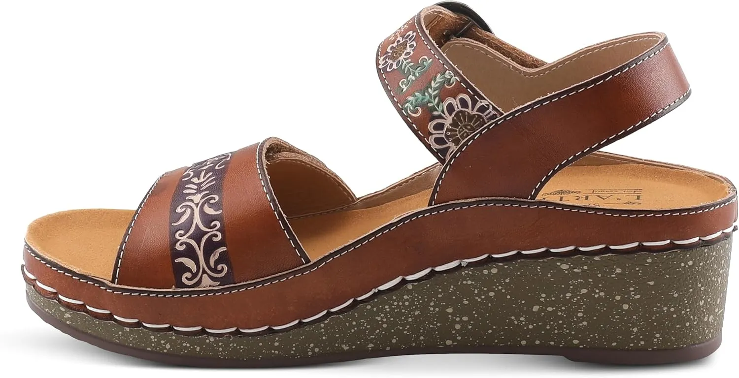 L'Artiste Women's ROSHNI Slingback Sandals – Hand-Painted Leather Floral Wedge with Adjustable Comfort Straps