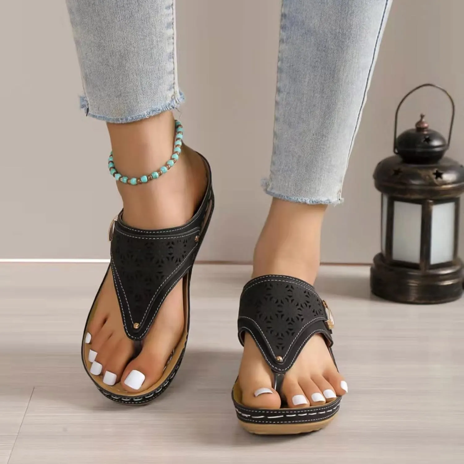 Leather Sandals Women 2025 Summer Comfortable Slip on Orthopedic Sandals Arch Support Wedge Sandal Beach Flip Flops
