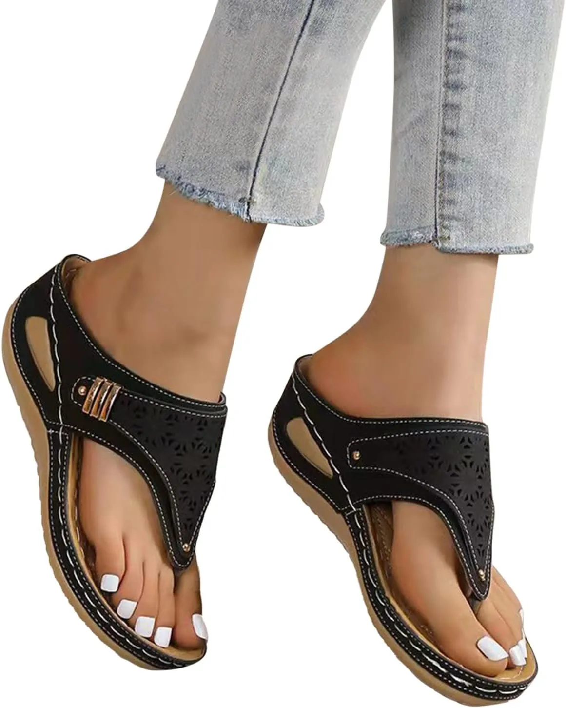 Leather Sandals Women 2025 Summer Comfortable Slip on Orthopedic Sandals Arch Support Wedge Sandal Beach Flip Flops
