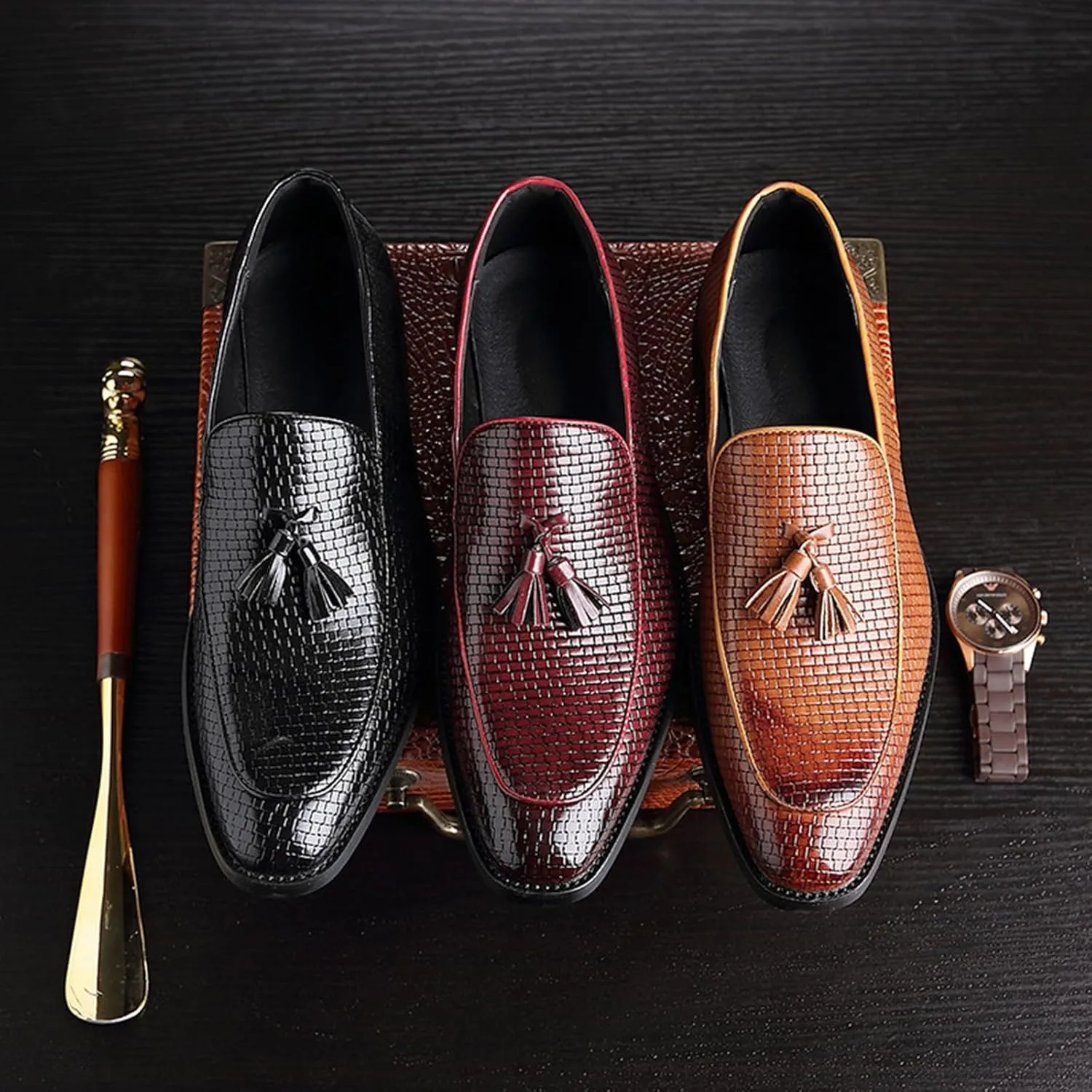 Leather Tassels Dress Shoes for Men, Fashion Weave Tassels Loafer Business Slip-On Shoes Party Loafers for Mens