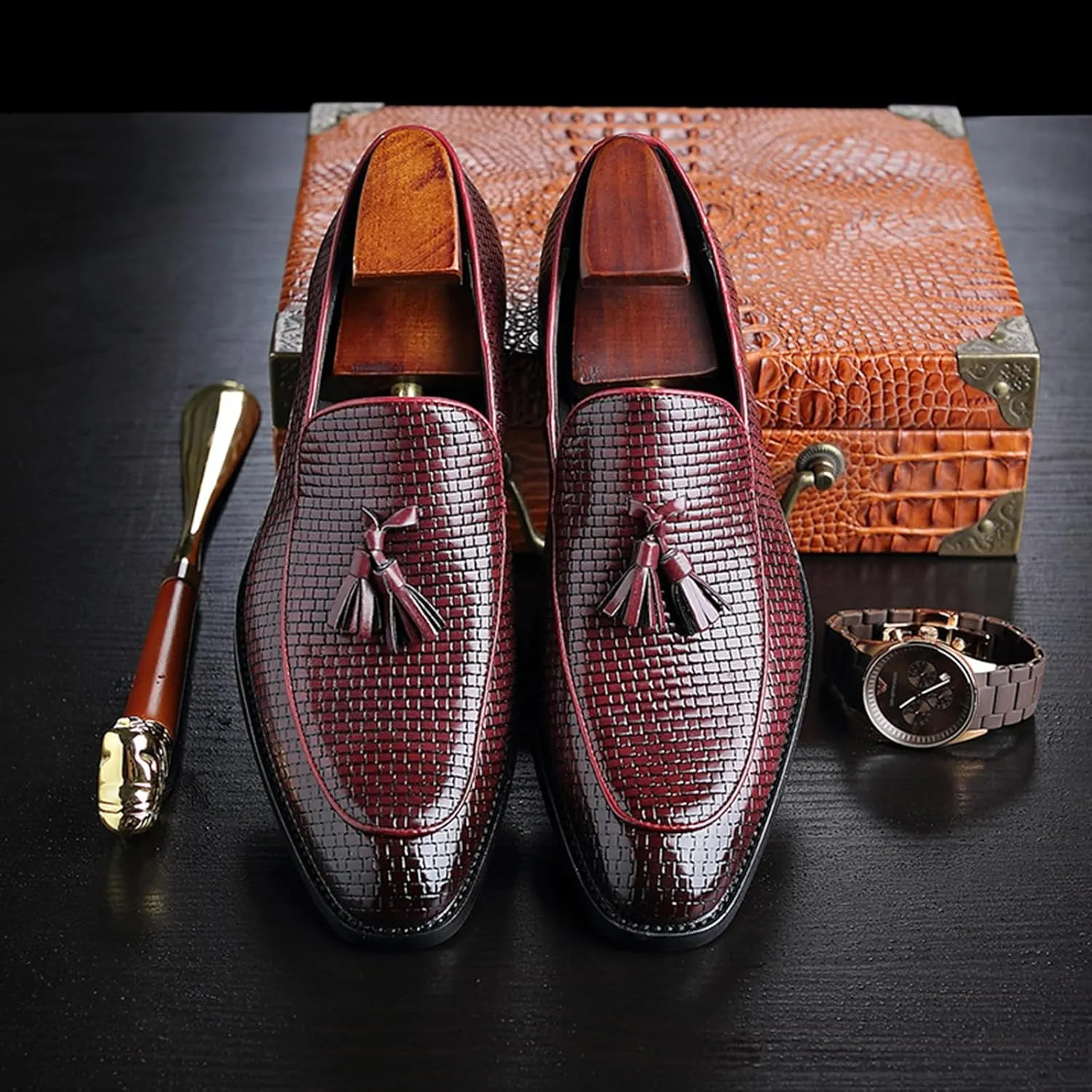 Leather Tassels Dress Shoes for Men, Fashion Weave Tassels Loafer Business Slip-On Shoes Party Loafers for Mens
