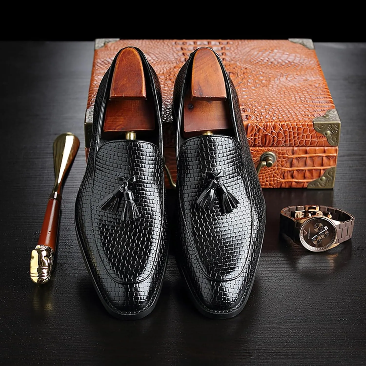 Leather Tassels Dress Shoes for Men, Fashion Weave Tassels Loafer Business Slip-On Shoes Party Loafers for Mens
