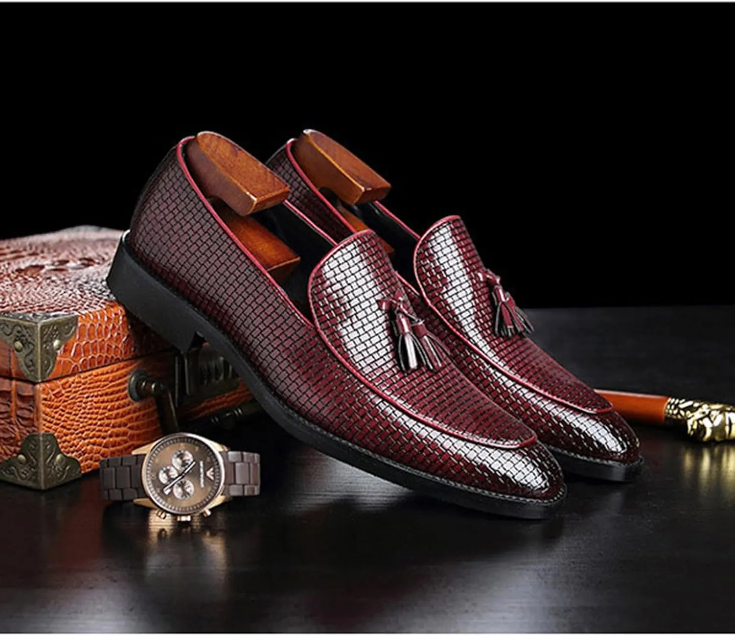 Leather Tassels Dress Shoes for Men, Fashion Weave Tassels Loafer Business Slip-On Shoes Party Loafers for Mens