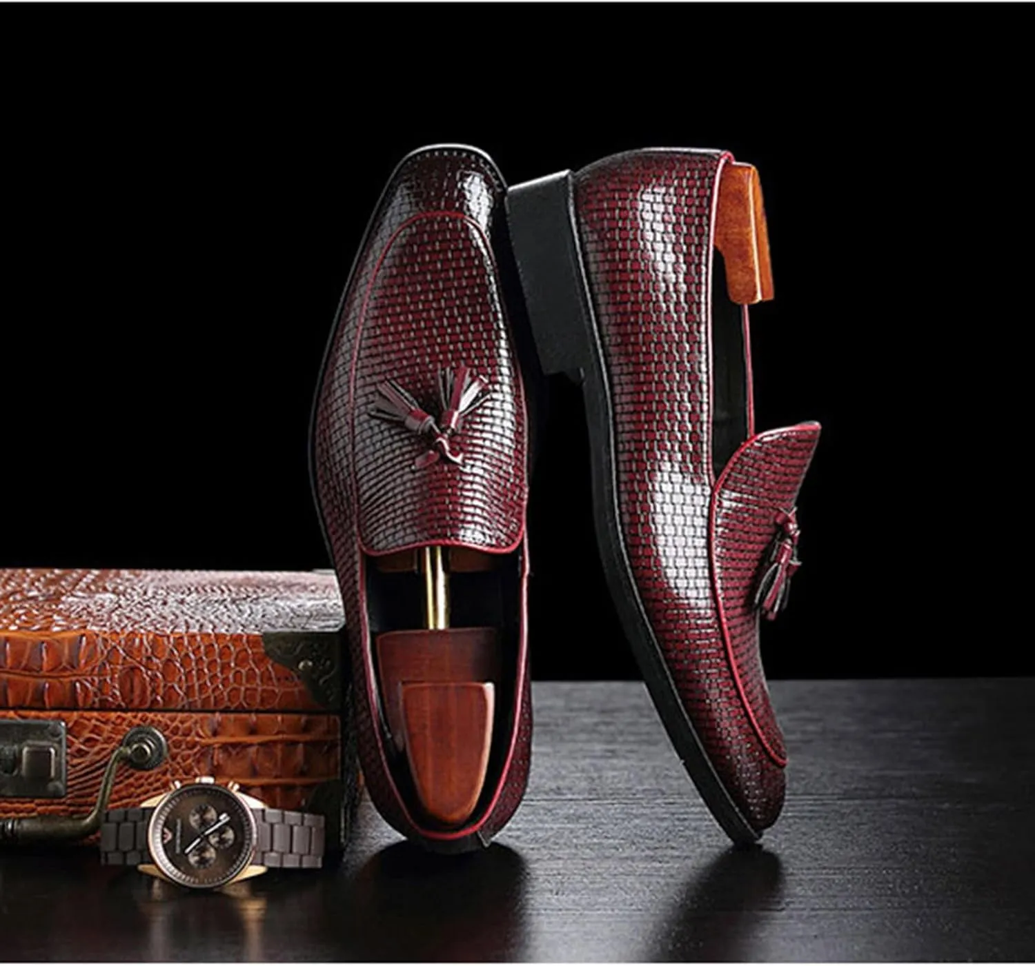 Leather Tassels Dress Shoes for Men, Fashion Weave Tassels Loafer Business Slip-On Shoes Party Loafers for Mens