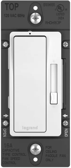 Legrand radiant RHDH163PWCCV6 1.6A Preset 3 Speed Decorator Rocker Fan Control Switch with Locator Light, Single Pole/3-Way, White (1 Count)