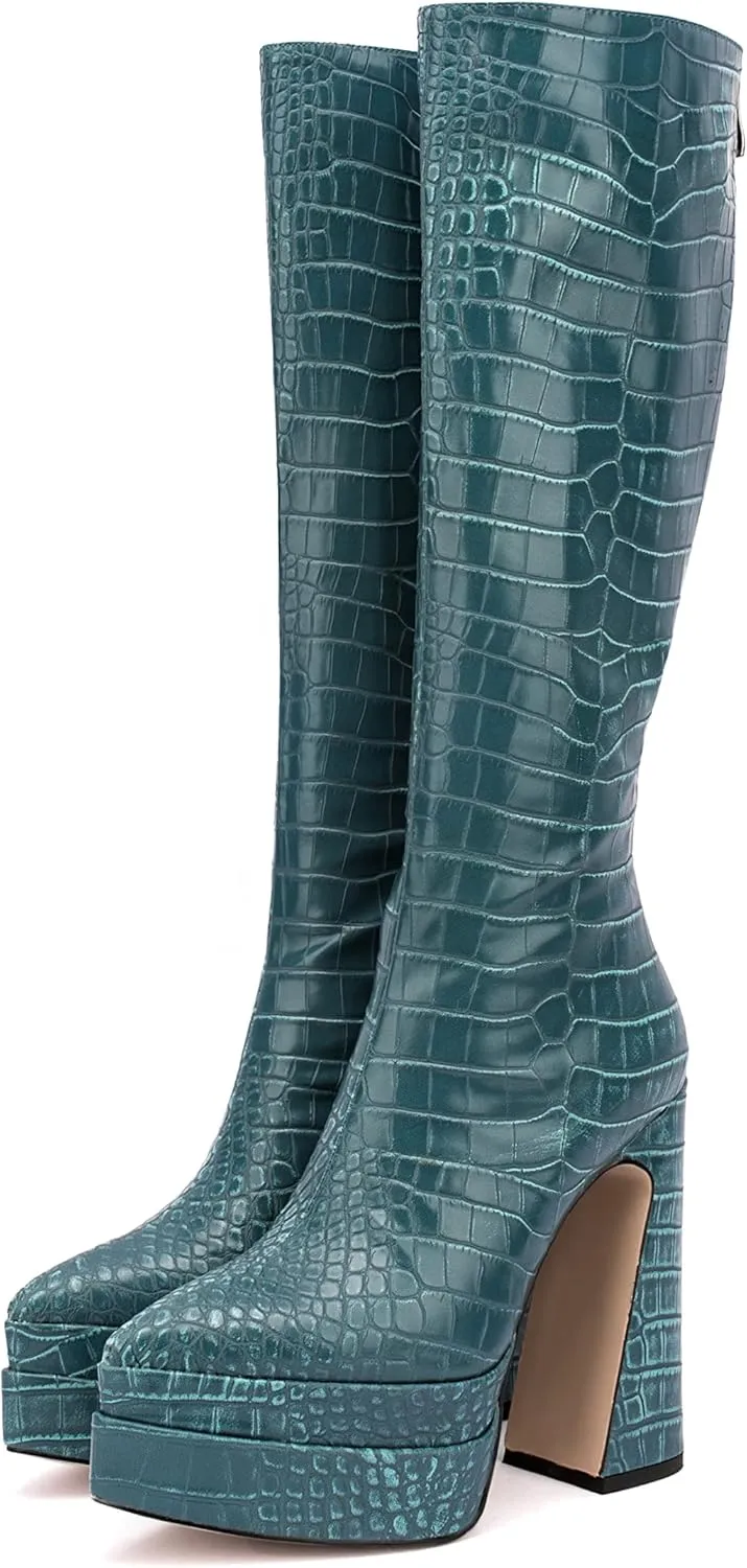 LEMUTISME Women's Trendy Pointed Toe Double Platform Crocodile Print Back Zip Chunky High Block Heel Knee High Boots For Party Evening