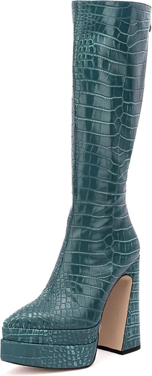LEMUTISME Women's Trendy Pointed Toe Double Platform Crocodile Print Back Zip Chunky High Block Heel Knee High Boots For Party Evening