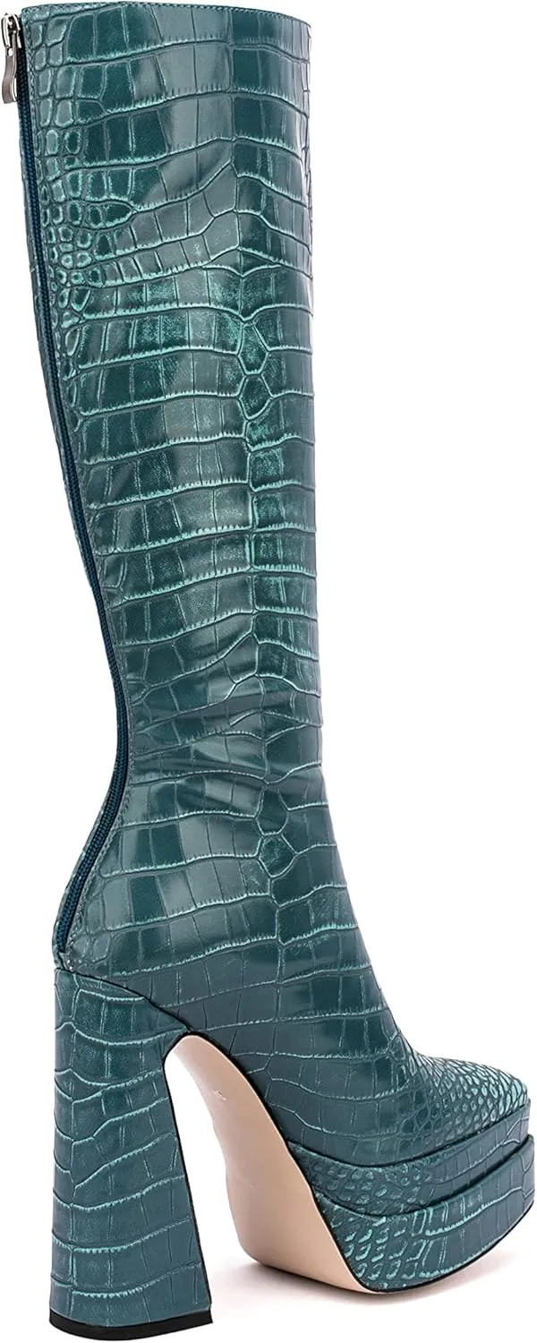 LEMUTISME Women's Trendy Pointed Toe Double Platform Crocodile Print Back Zip Chunky High Block Heel Knee High Boots For Party Evening