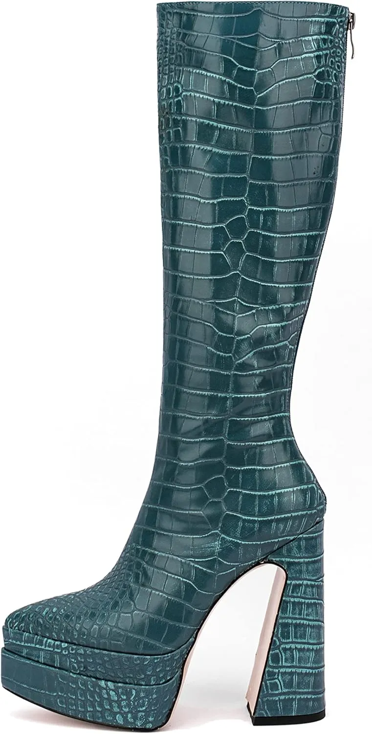 LEMUTISME Women's Trendy Pointed Toe Double Platform Crocodile Print Back Zip Chunky High Block Heel Knee High Boots For Party Evening