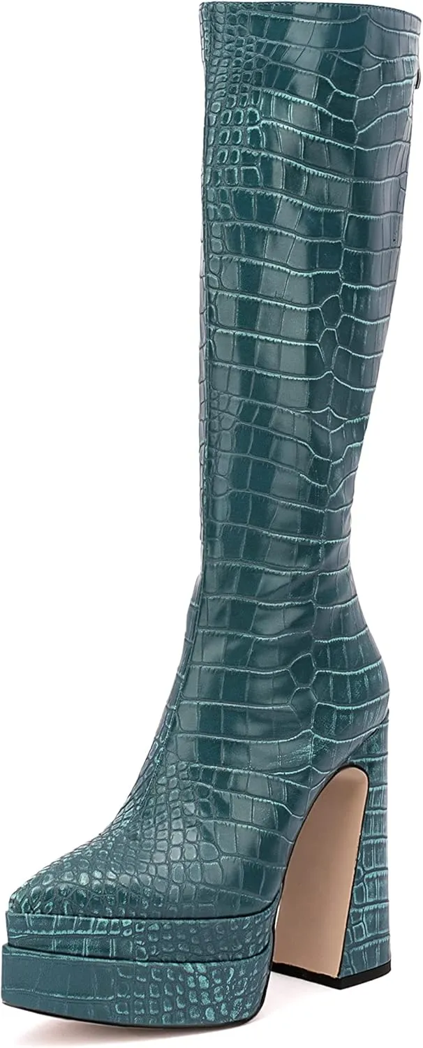 LEMUTISME Women's Trendy Pointed Toe Double Platform Crocodile Print Back Zip Chunky High Block Heel Knee High Boots For Party Evening