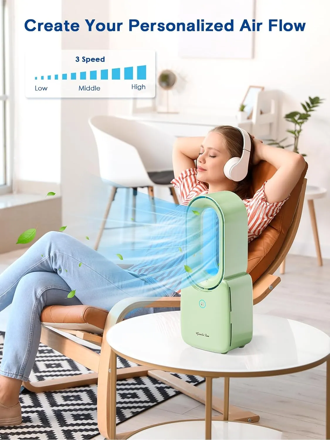let'me Desk Fan, 11.8 Inch Portable Bladeless Fan Small Personal Cooling Fan with 5 Colors Touch Control LED Light, Quiet USB Table Fan for Home, Office, Bedroom Summer Gift