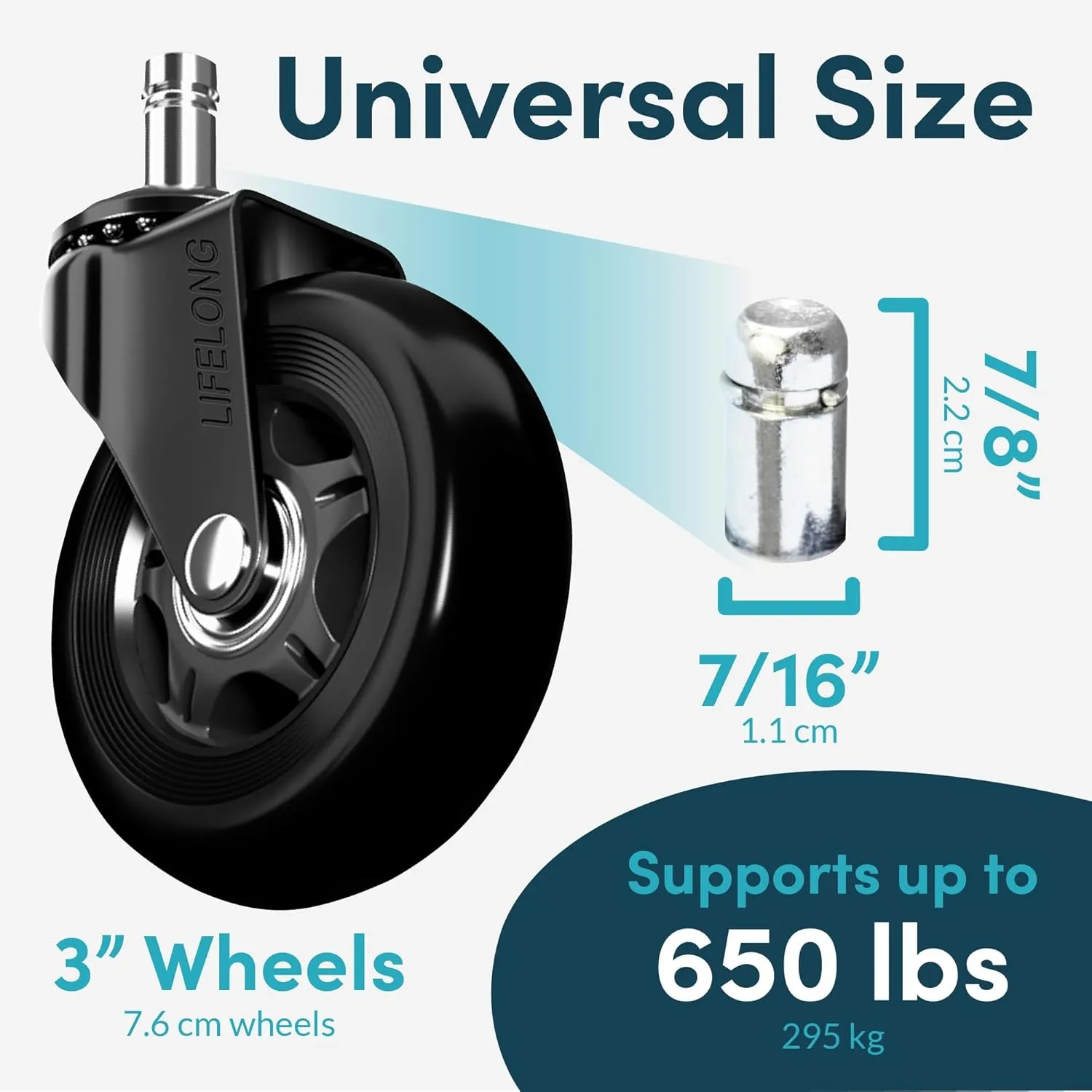 Lifelong Office Chair Wheels Replacement Rubber Chair Casters for Hardwood Floors and Carpet, Set of 5, Stem Casters, Heavy Duty Office Desk Casters for Chairs to Replace Office Chair Mats - (Black)