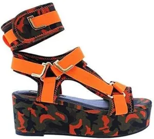 Liliana Barista Chunky Platform Strappy Wedge Heel (7, OrangeCamou)