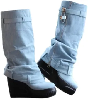 Liliana Women Fold Over Platform Knee High Pull On Boots with Padlock