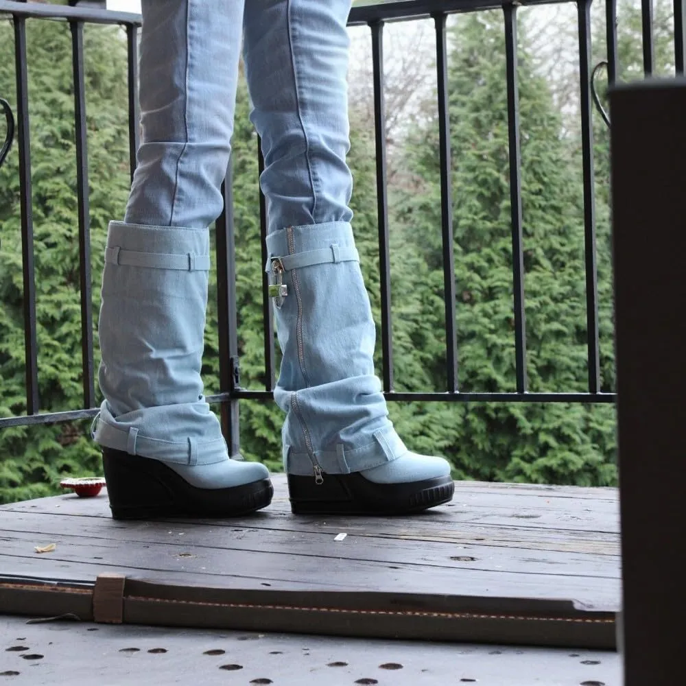 Liliana Women Fold Over Platform Knee High Pull On Boots with Padlock