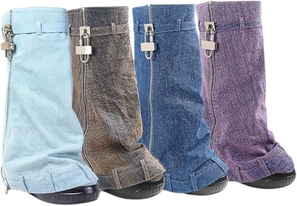 Liliana Women Fold Over Platform Knee High Pull On Boots with Padlock