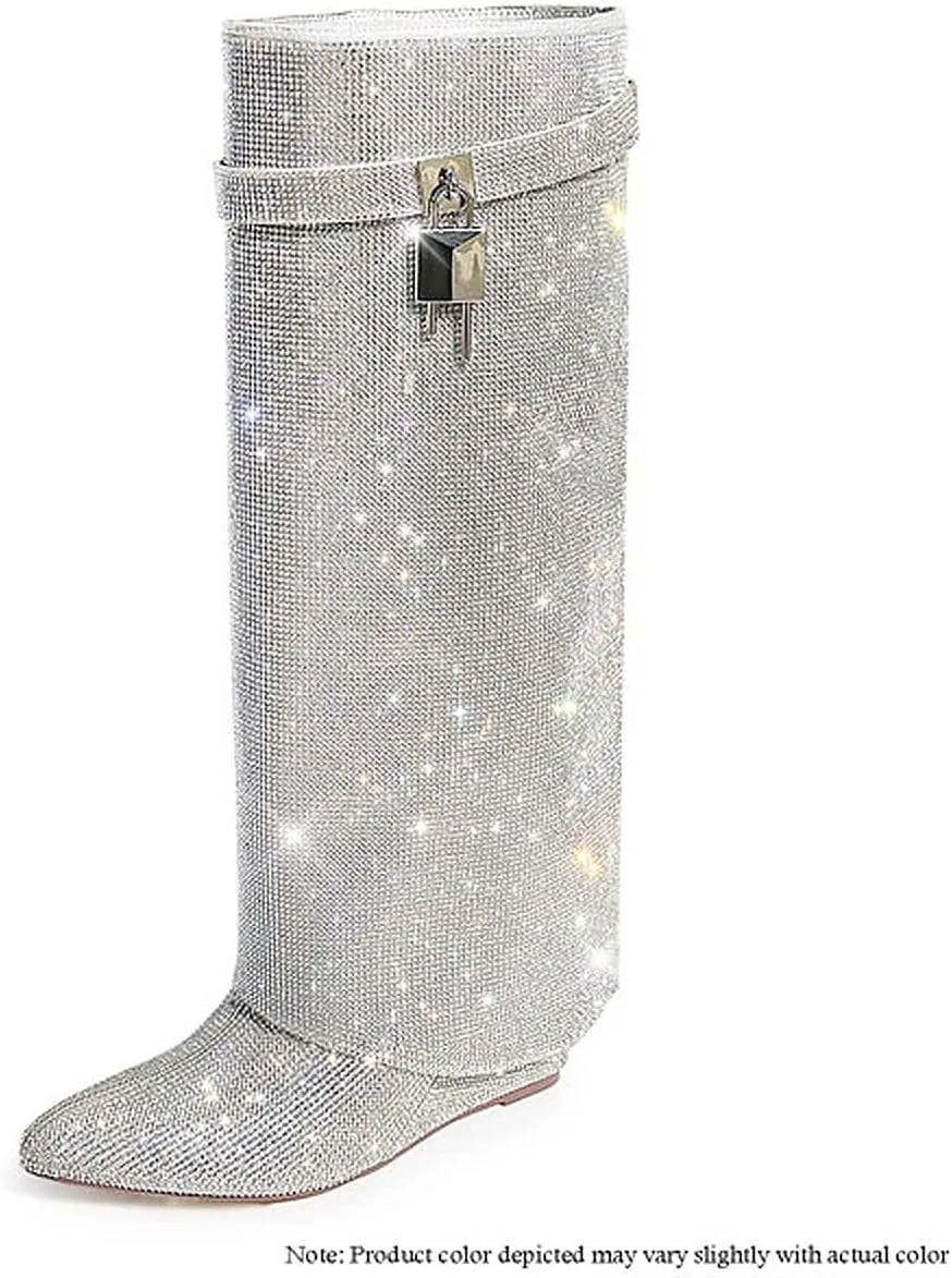 Liliana Women Rhinestone boots Fold over boots Knee high Wedge Heel Pointed Toe Pull-On Tall Boots MUTTO-1 C