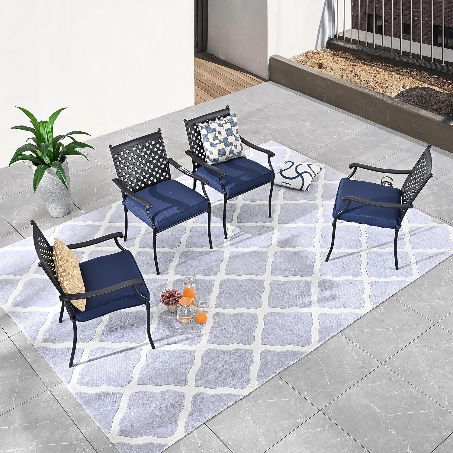 LOKATSE HOME 4 Piece Outdoor Dining Set - Wrought Iron Patio Metal Chairs with Armrest and Cushions for Garden Poolside Backyard, Blue