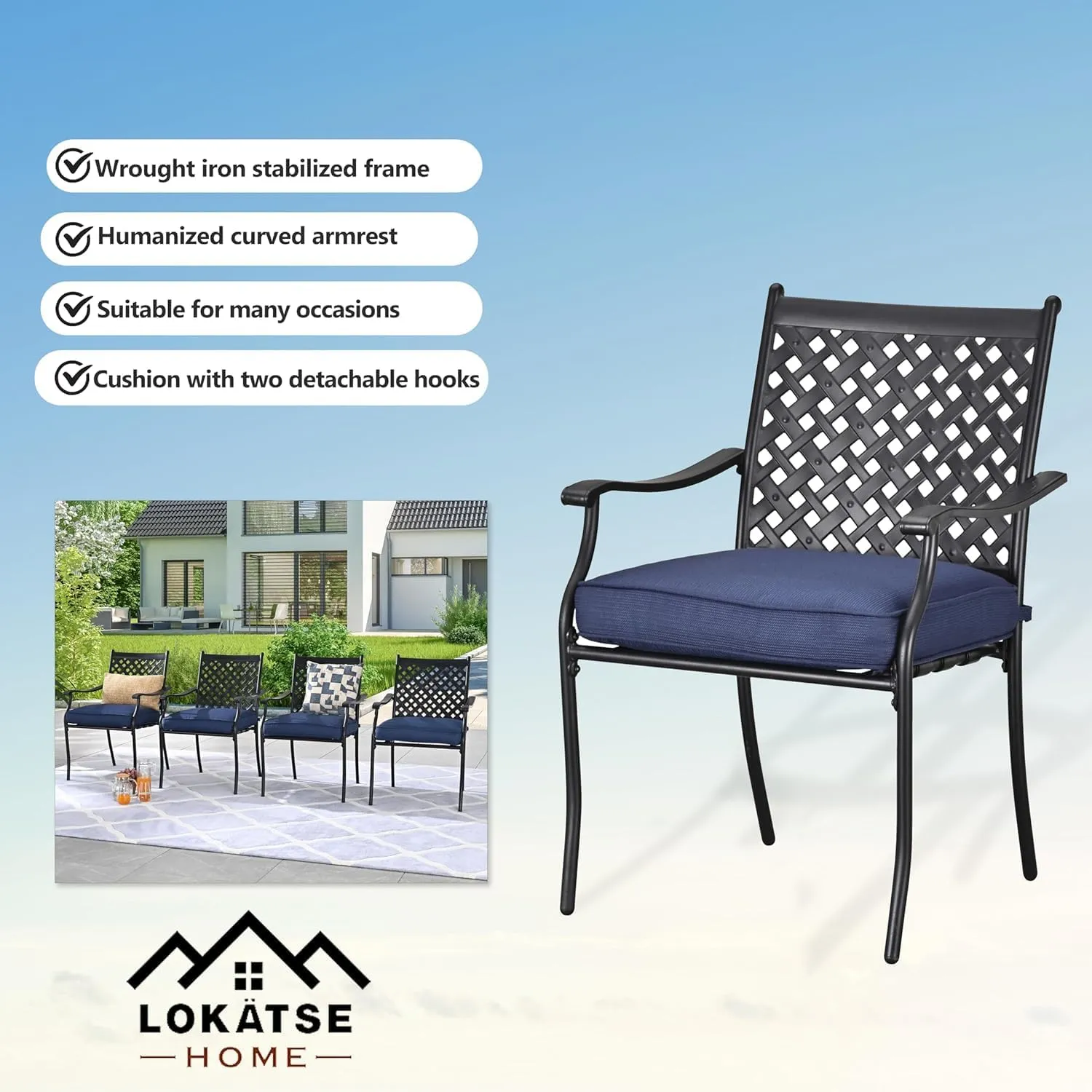 LOKATSE HOME 4 Piece Outdoor Dining Set - Wrought Iron Patio Metal Chairs with Armrest and Cushions for Garden Poolside Backyard, Blue