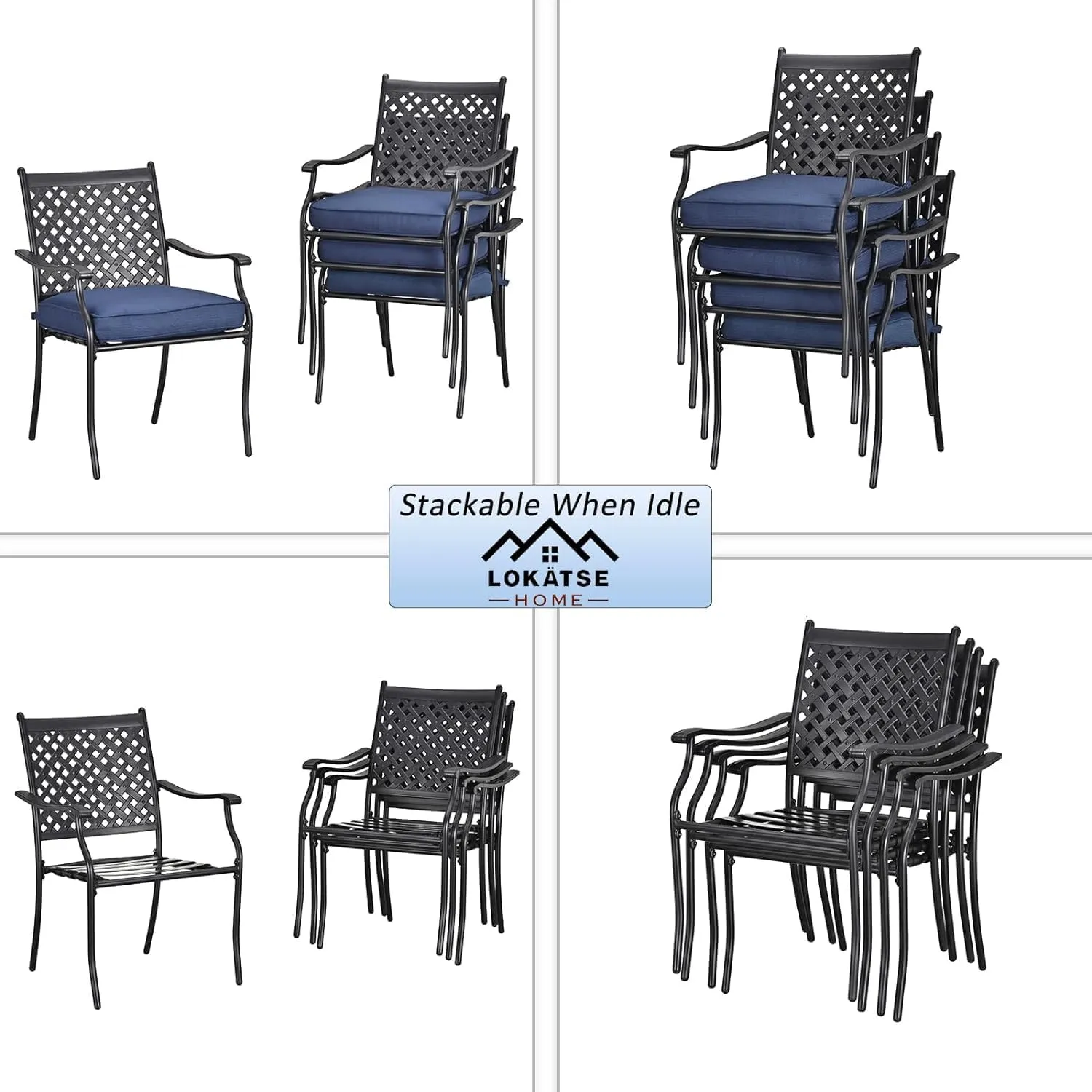 LOKATSE HOME 4 Piece Outdoor Dining Set - Wrought Iron Patio Metal Chairs with Armrest and Cushions for Garden Poolside Backyard, Blue