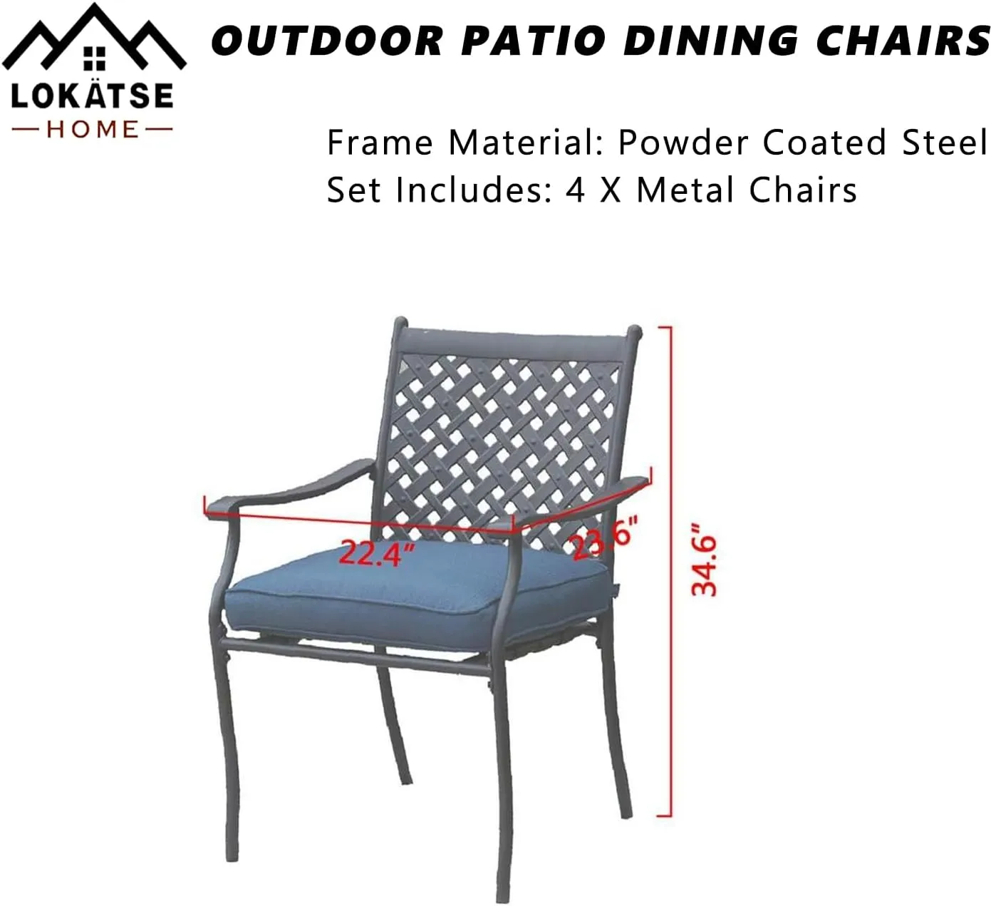 LOKATSE HOME 4 Piece Outdoor Dining Set - Wrought Iron Patio Metal Chairs with Armrest and Cushions for Garden Poolside Backyard, Blue