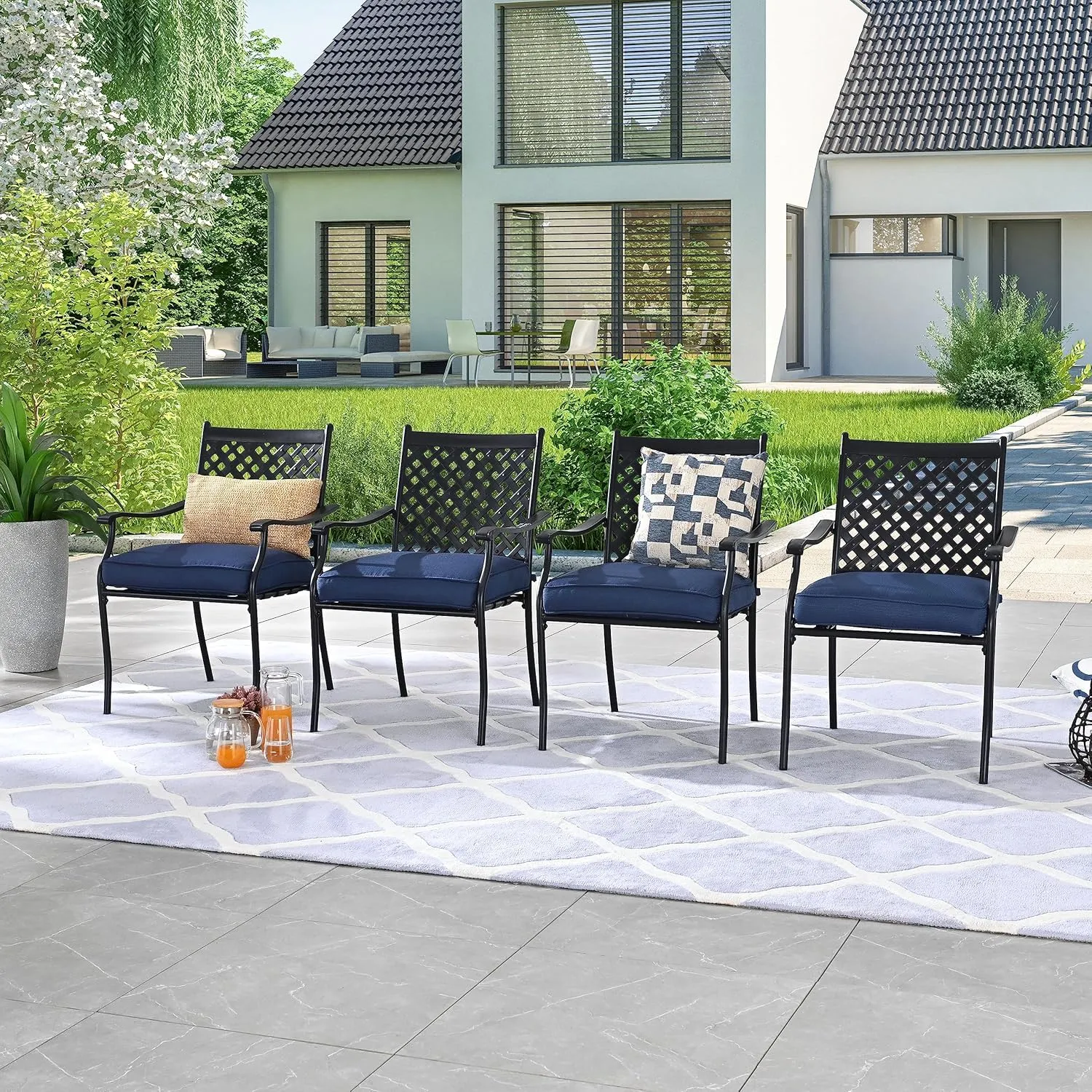 LOKATSE HOME 4 Piece Outdoor Dining Set - Wrought Iron Patio Metal Chairs with Armrest and Cushions for Garden Poolside Backyard, Blue