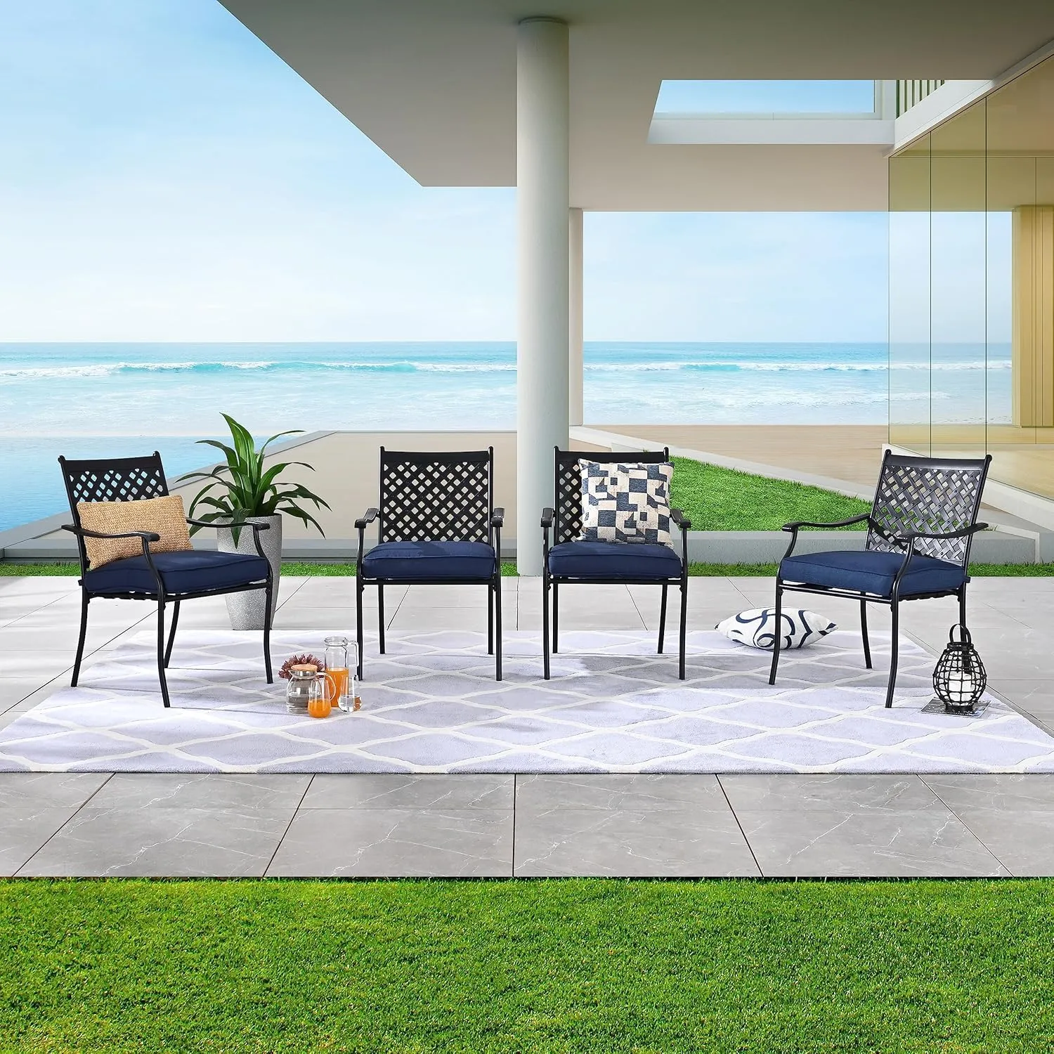 LOKATSE HOME 4 Piece Outdoor Dining Set - Wrought Iron Patio Metal Chairs with Armrest and Cushions for Garden Poolside Backyard, Blue