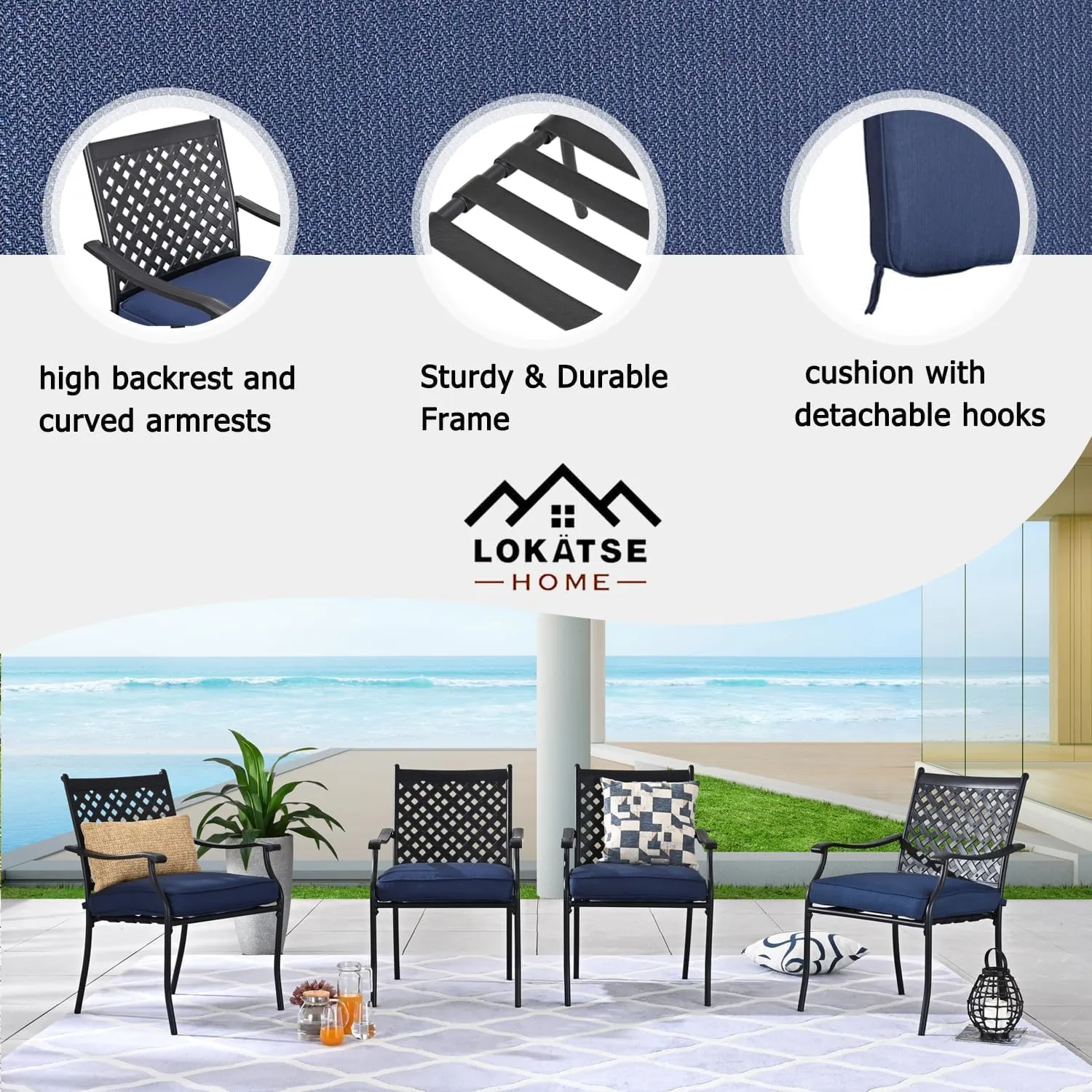 LOKATSE HOME 4 Piece Outdoor Dining Set - Wrought Iron Patio Metal Chairs with Armrest and Cushions for Garden Poolside Backyard, Blue