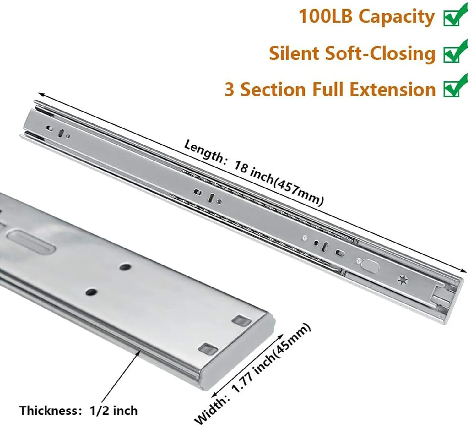LONTAN 2 Pairs 18 Inch Soft Close Drawer Slides, 18 inch Heavy Duty Drawer Slides Full Extension Ball Bearing Side Mount Slides for Dresser, Kitchen 100lb Capacity Drawer Runners